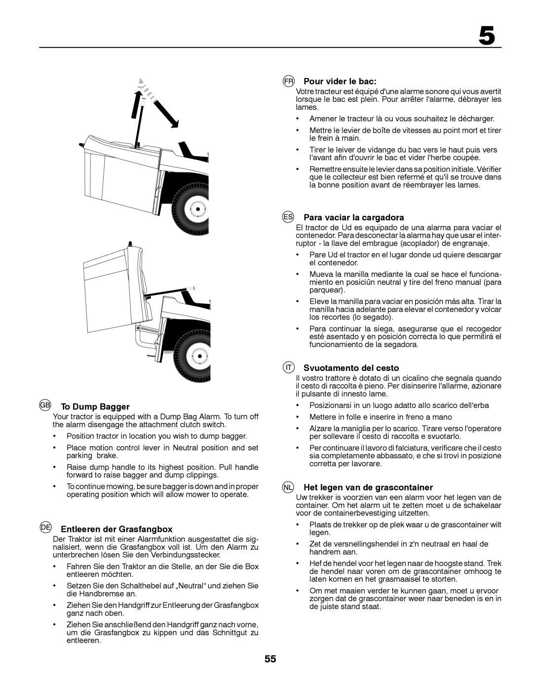 McCulloch MBA16107BRK, MBA165107BRK To Dump Bagger, Entleeren der Grasfangbox, Pour vider le bac, Para vaciar la cargadora 