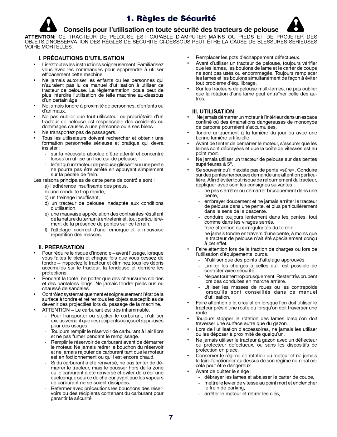 McCulloch PF12T92RB, MBA16107BRK, M12T92RB Règles de Sécurité, Précautions D’UTILISATION, II. Préparation, III. Utilisation 