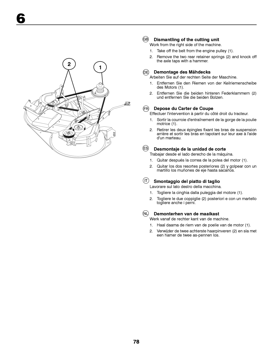 McCulloch MBA165107BRK, MBA16107BRK Dismantling of the cutting unit, Demontage des Mähdecks, Depose du Carter de Coupe 