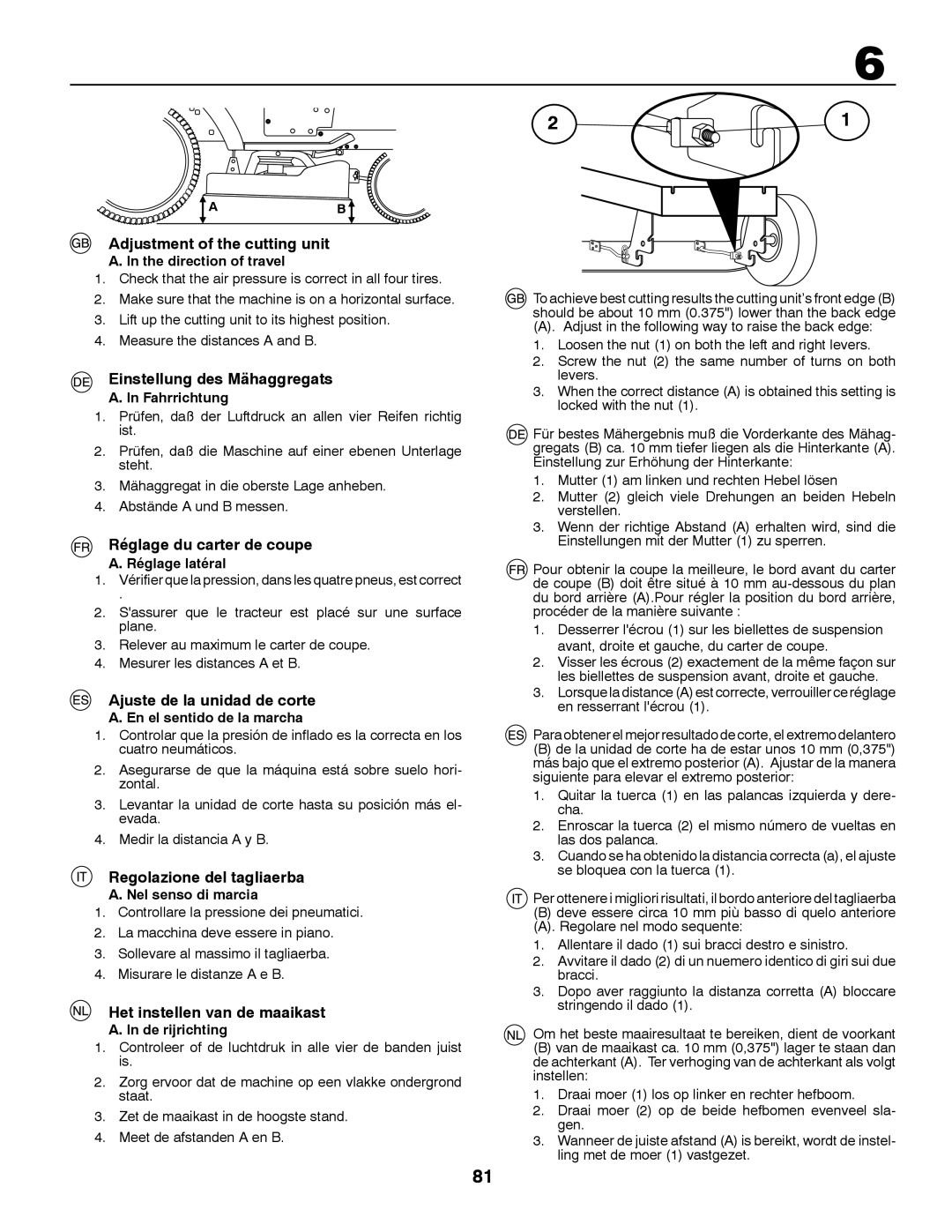 McCulloch M125B92RB, MBA16107BRK Adjustment of the cutting unit, Einstellung des Mähaggregats, Réglage du carter de coupe 