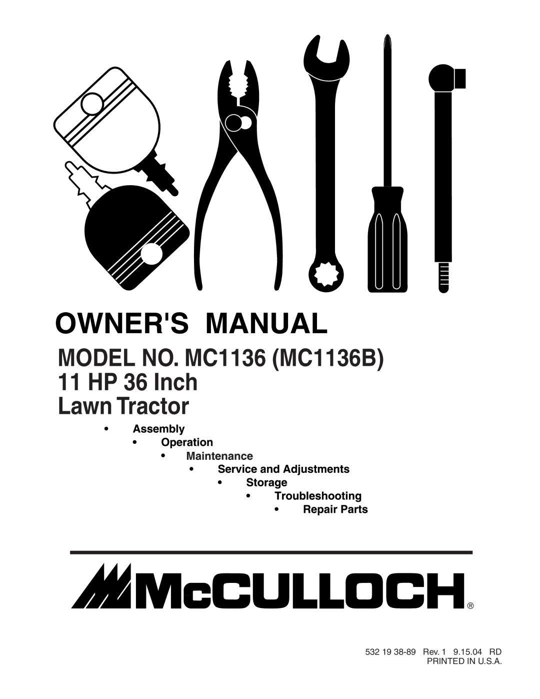 McCulloch manual Model NO. MC1136 MC1136B 11 HP 36 Inch Lawn Tractor 