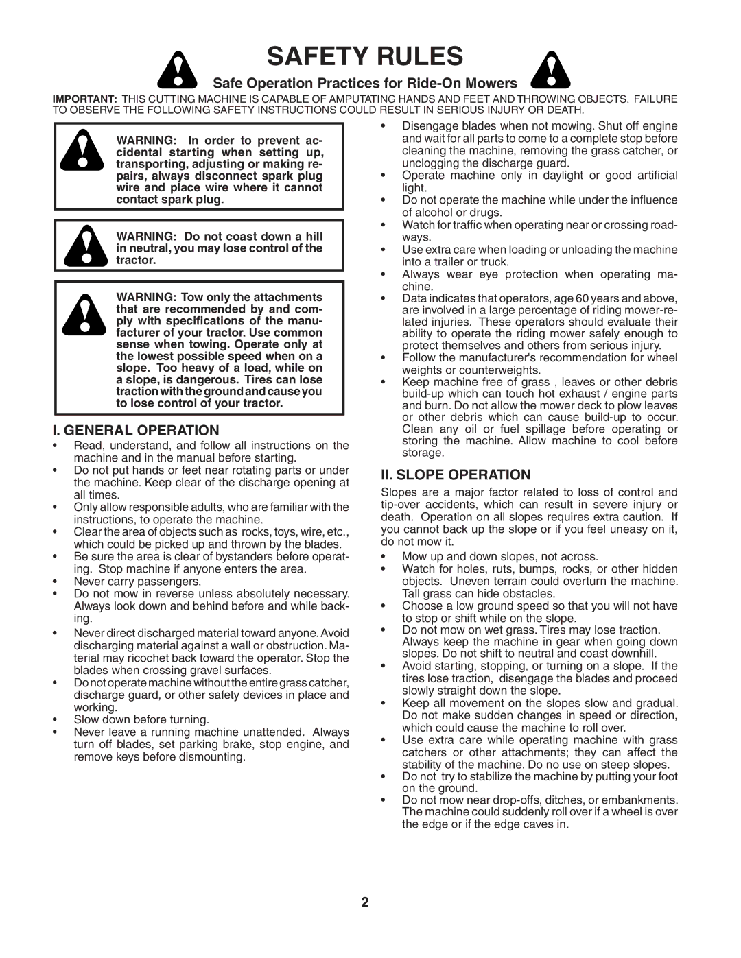 McCulloch MC1136 manual Safety Rules, Safe Operation Practices for Ride-On Mowers, General Operation, II. Slope Operation 