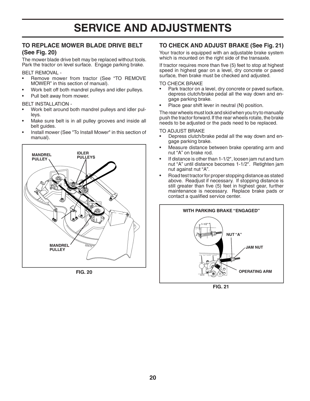 McCulloch MC1136B manual To Replace Mower Blade Drive Belt See Fig, To Check and Adjust Brake See Fig 