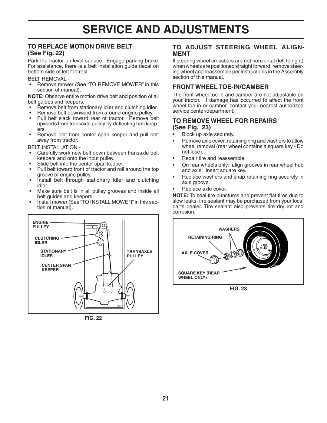 McCulloch MC1136B To Replace Motion Drive Belt See Fig, To Adjust Steering Wheel ALIGN- Ment, Front Wheel TOE-IN/CAMBER 