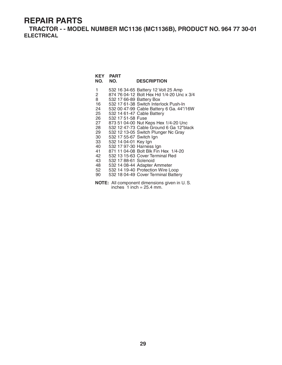 McCulloch MC1136B manual KEY Part NO. NO. Description 