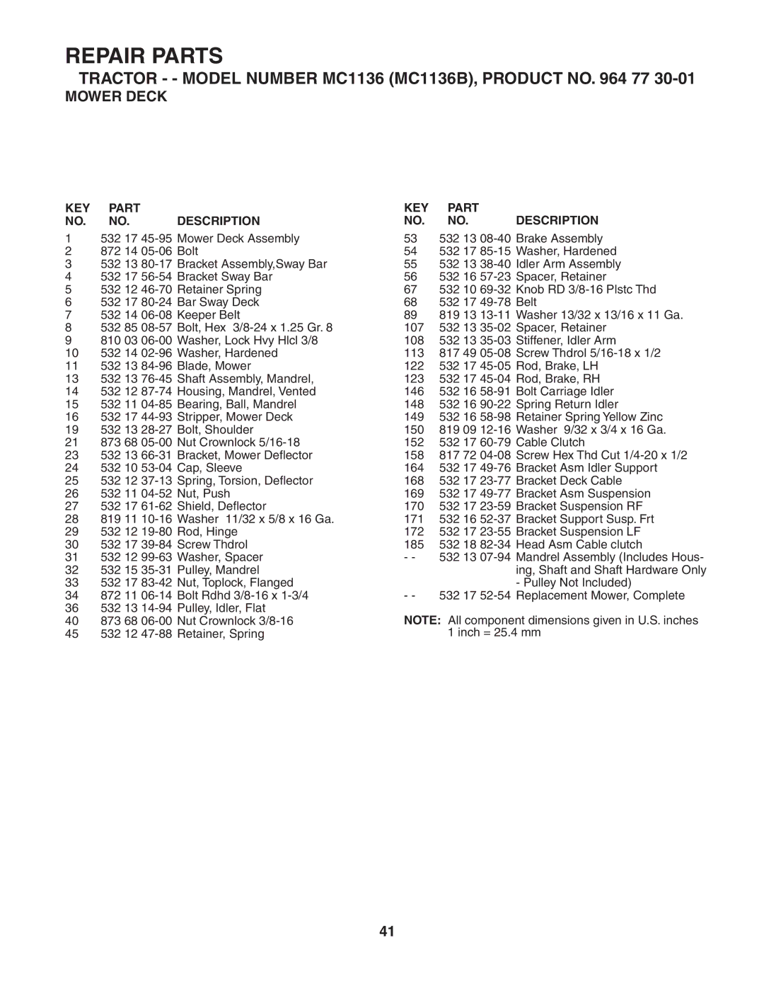 McCulloch MC1136B manual KEY Part Description 