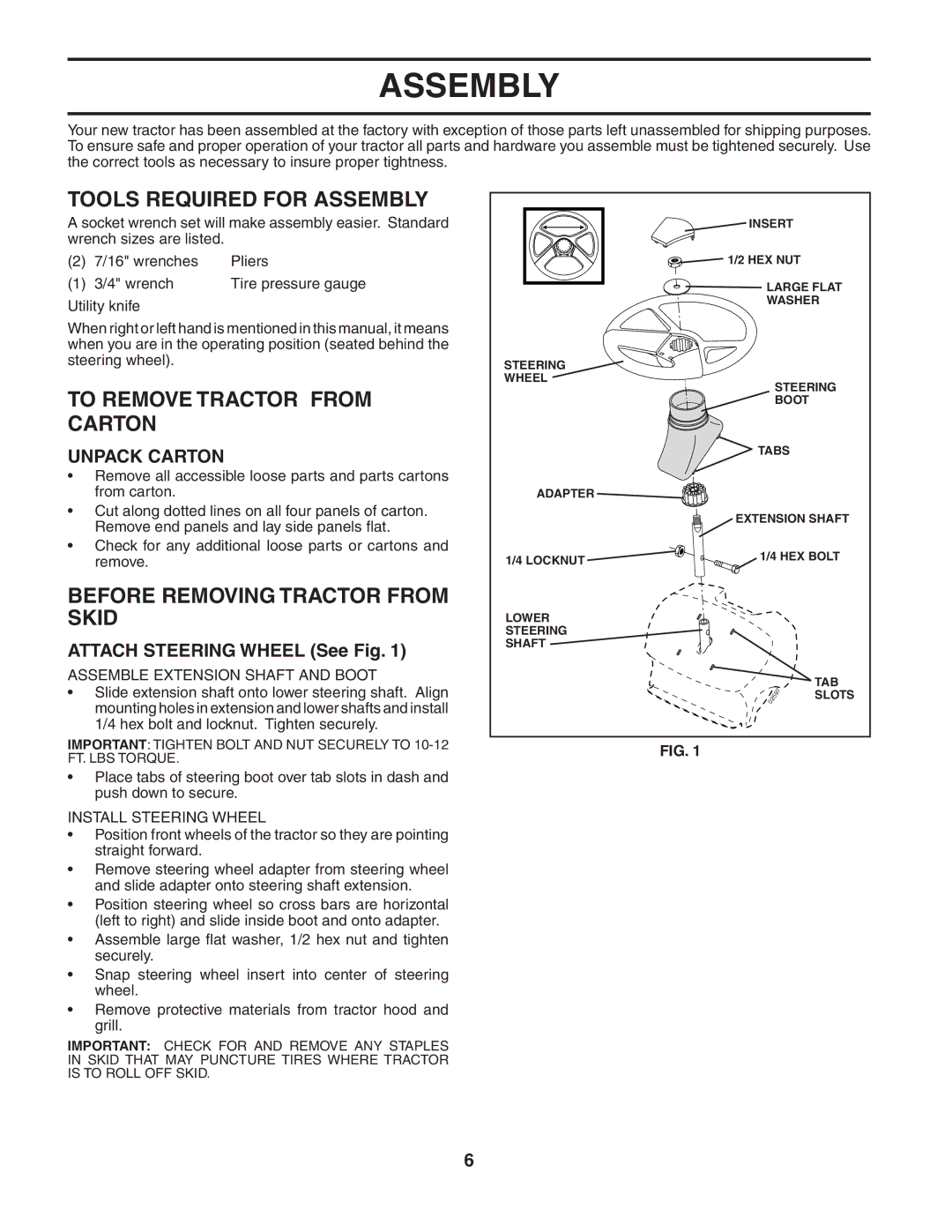 McCulloch MC1136 manual Tools Required for Assembly, To Remove Tractor from Carton, Before Removing Tractor from Skid 