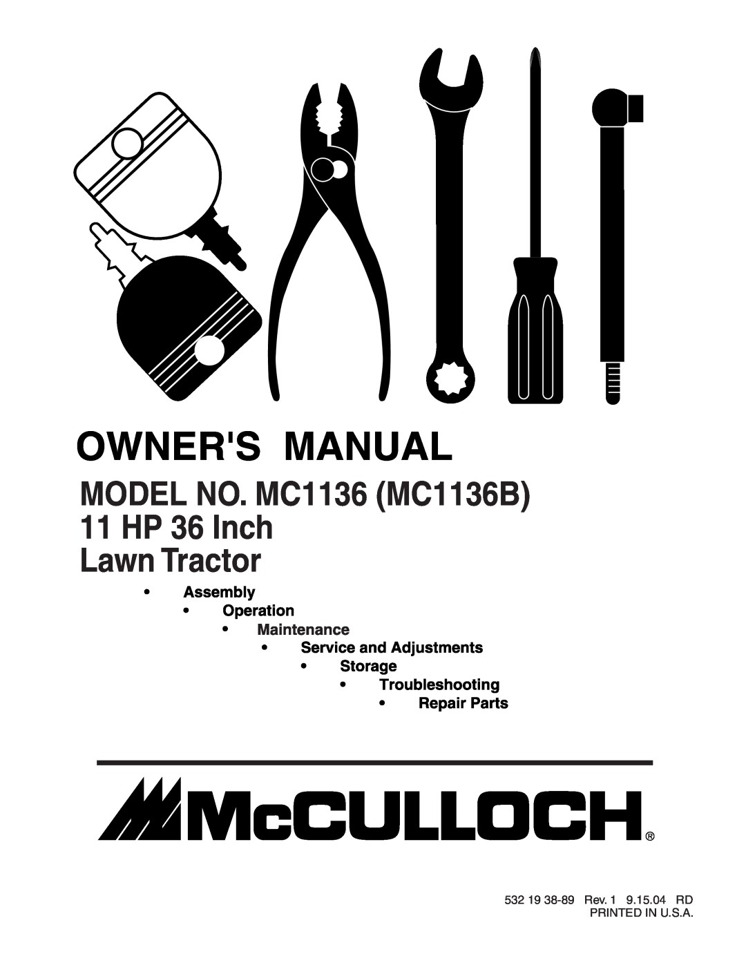 McCulloch manual MODEL NO. MC1136 MC1136B 11 HP 36 Inch Lawn Tractor 