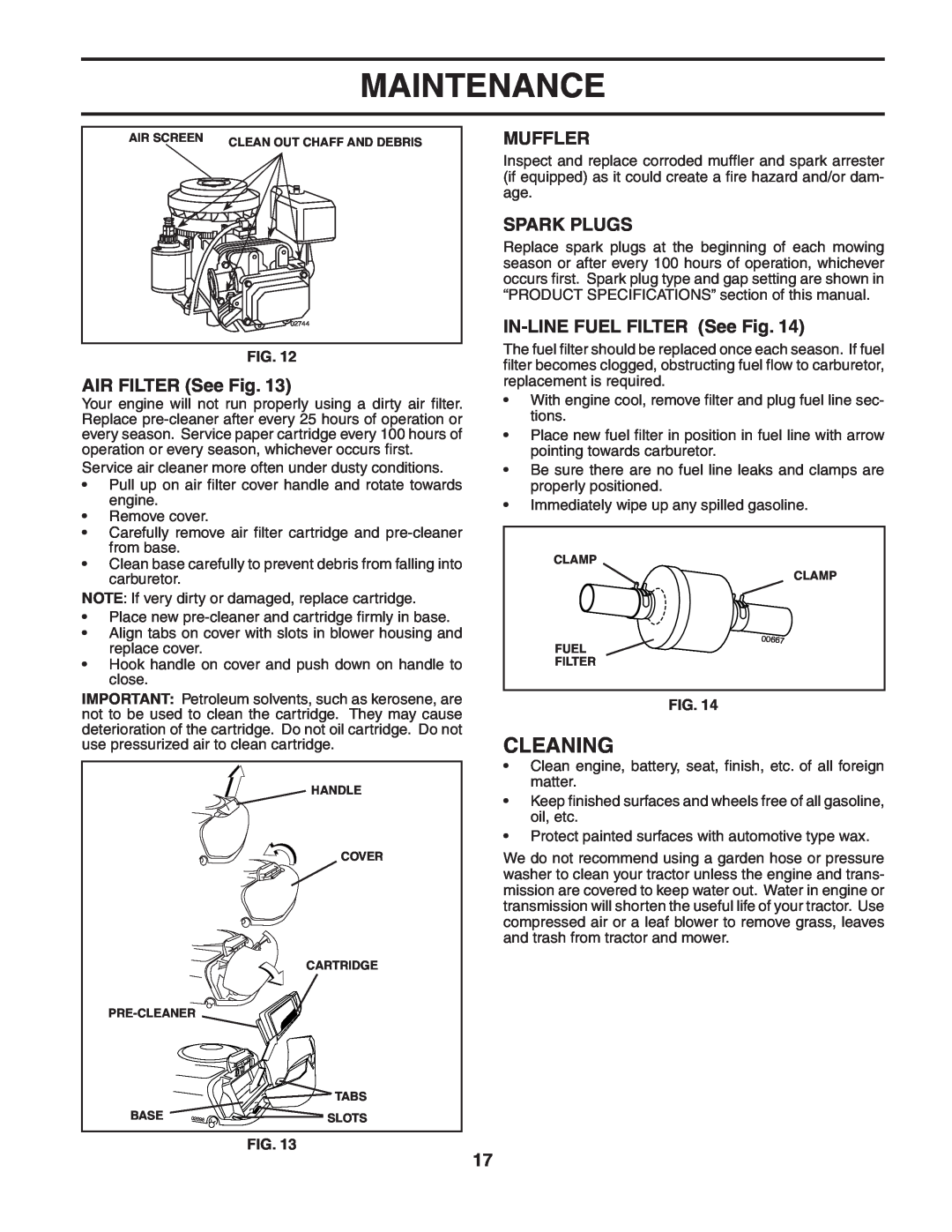 McCulloch MC1136B manual Cleaning, AIR FILTER See Fig, Muffler, Spark Plugs, IN-LINE FUEL FILTER See Fig, Maintenance 