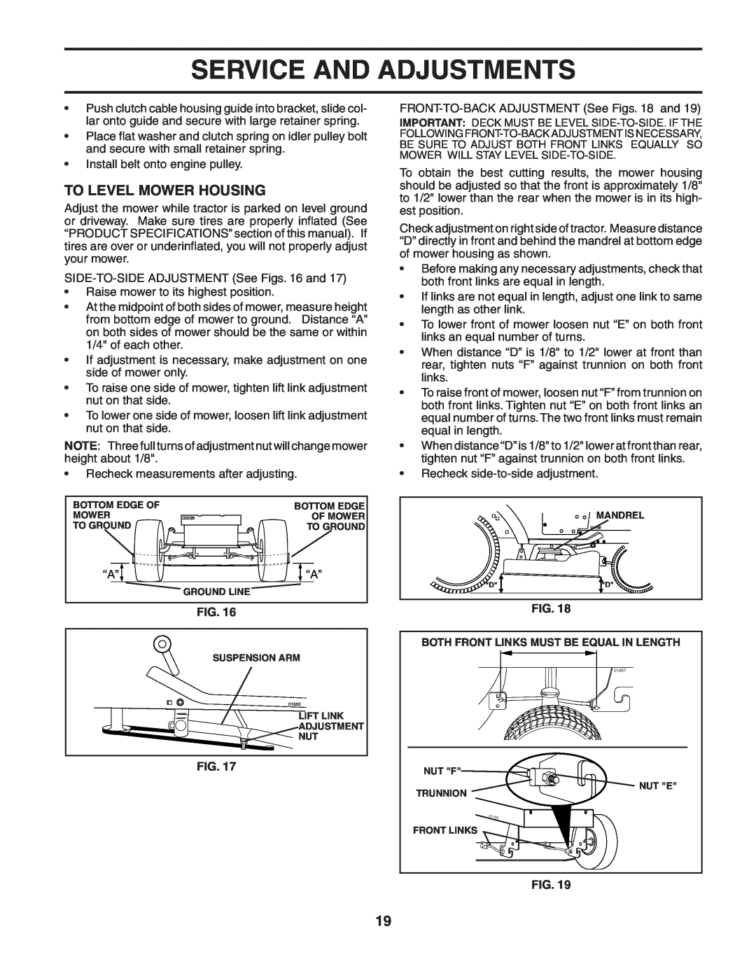 McCulloch MC1136B manual To Level Mower Housing, Service And Adjustments 