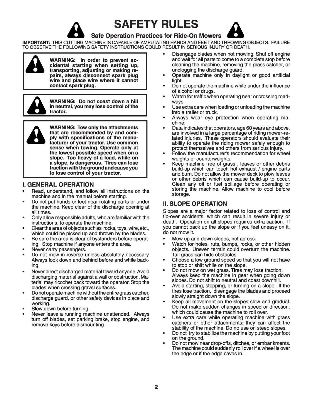 McCulloch MC1136 Safety Rules, Safe Operation Practices for Ride-On Mowers, I. General Operation, Ii. Slope Operation 