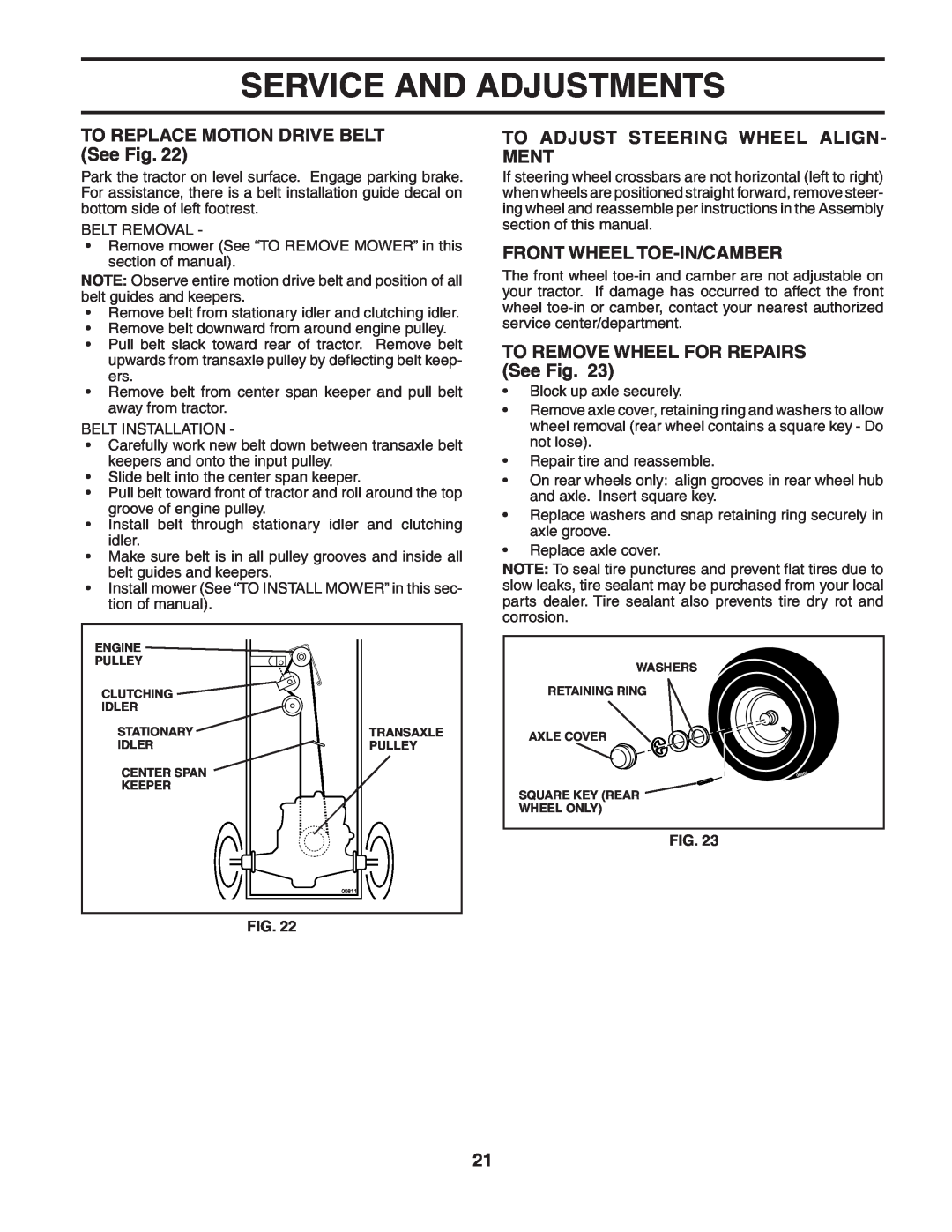 McCulloch MC1136B TO REPLACE MOTION DRIVE BELT See Fig, To Adjust Steering Wheel Align- Ment, Front Wheel Toe-In/Camber 