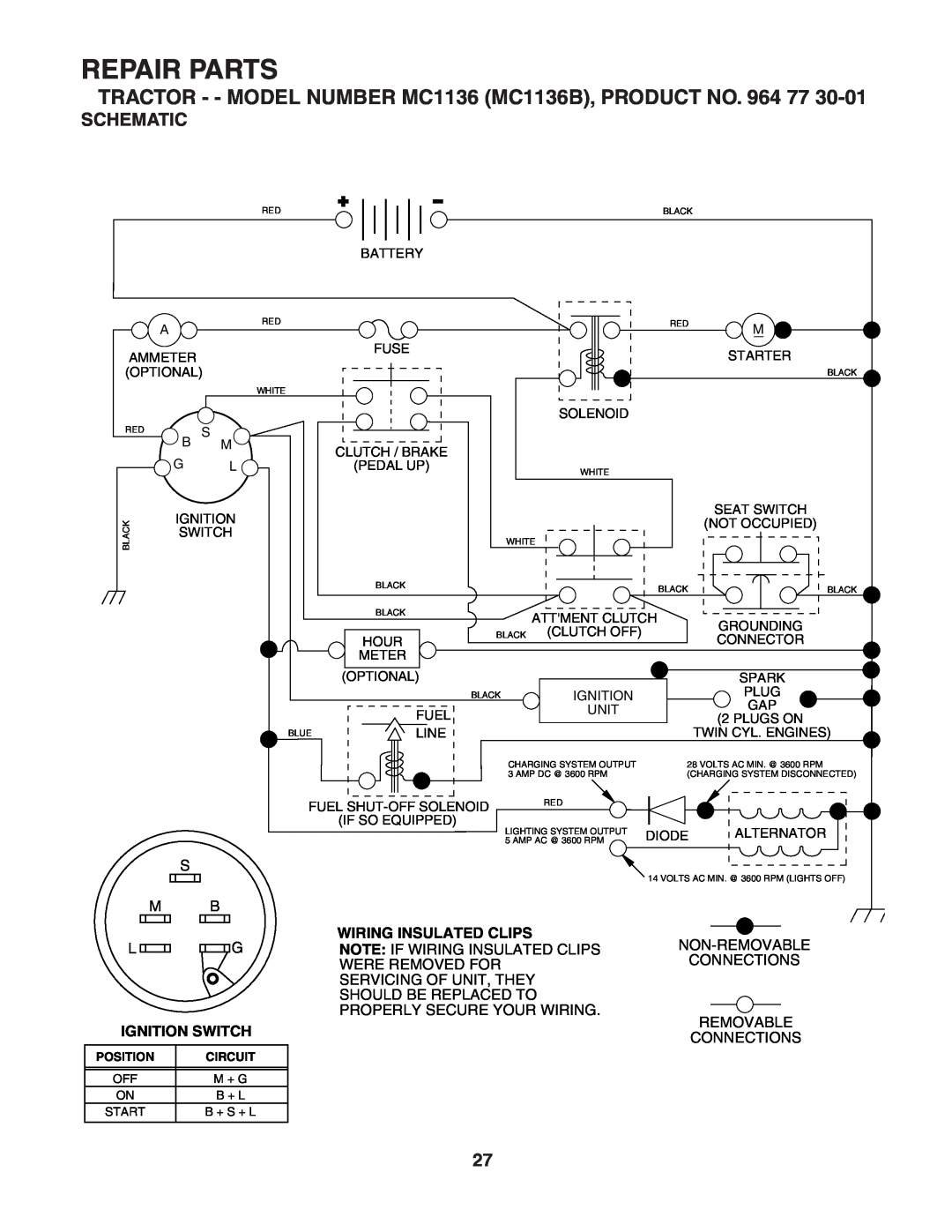 McCulloch manual Repair Parts, TRACTOR - - MODEL NUMBER MC1136 MC1136B, PRODUCT NO. 964, Schematic 
