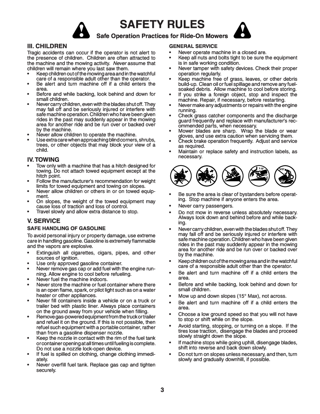 McCulloch MC1136B manual Iii. Children, Iv. Towing, V. Service, Safety Rules, Safe Operation Practices for Ride-On Mowers 