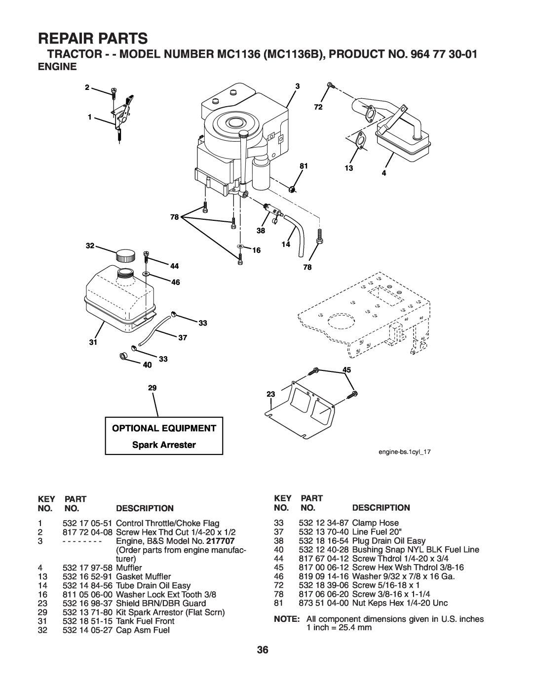 McCulloch manual Engine, Repair Parts, TRACTOR - - MODEL NUMBER MC1136 MC1136B, PRODUCT NO. 964 