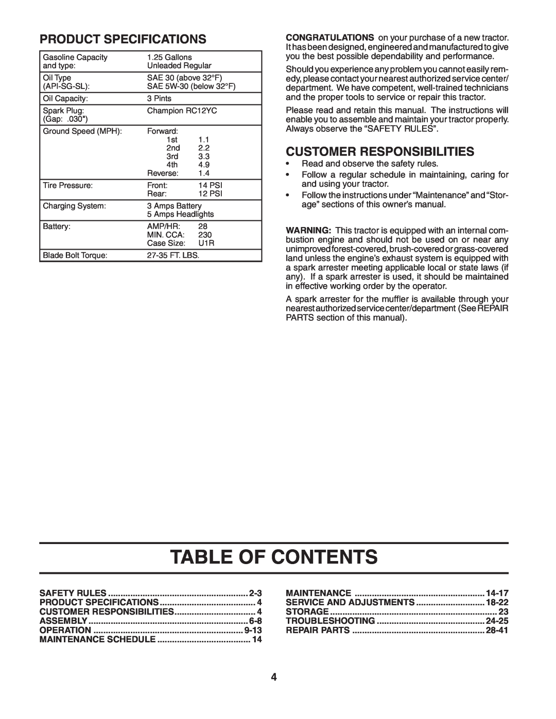 McCulloch MC1136B manual Table Of Contents, Product Specifications, Customer Responsibilities 