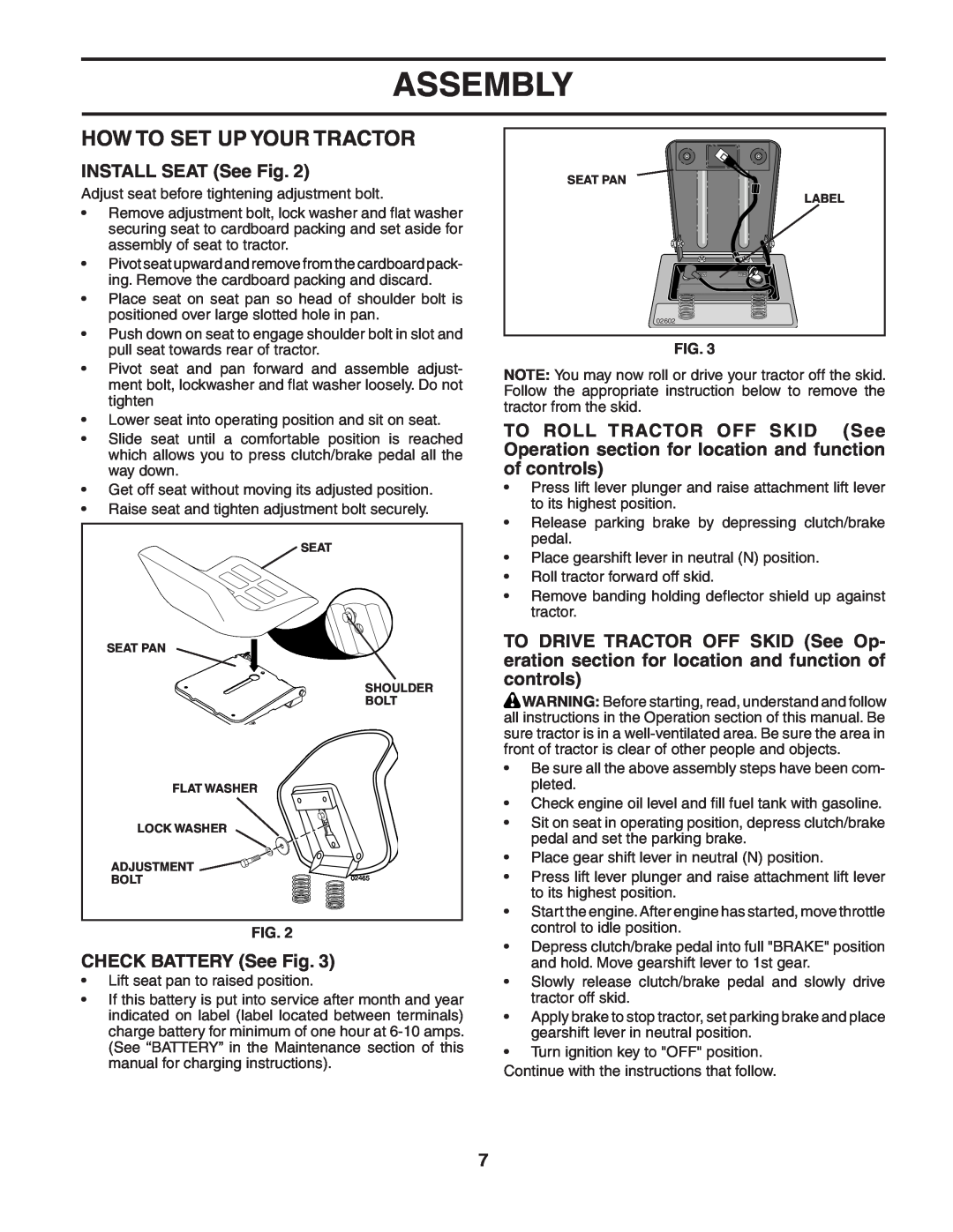 McCulloch MC1136B manual How To Set Up Your Tractor, INSTALL SEAT See Fig, CHECK BATTERY See Fig, Assembly 