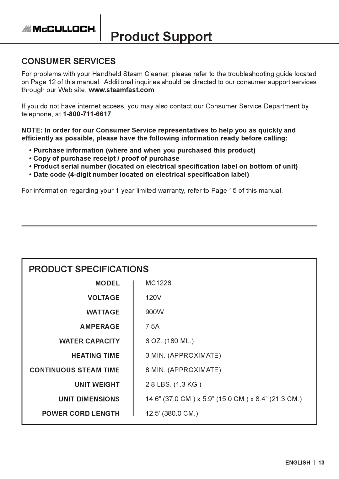 McCulloch MC1226 warranty Product Support, Consumer Services 