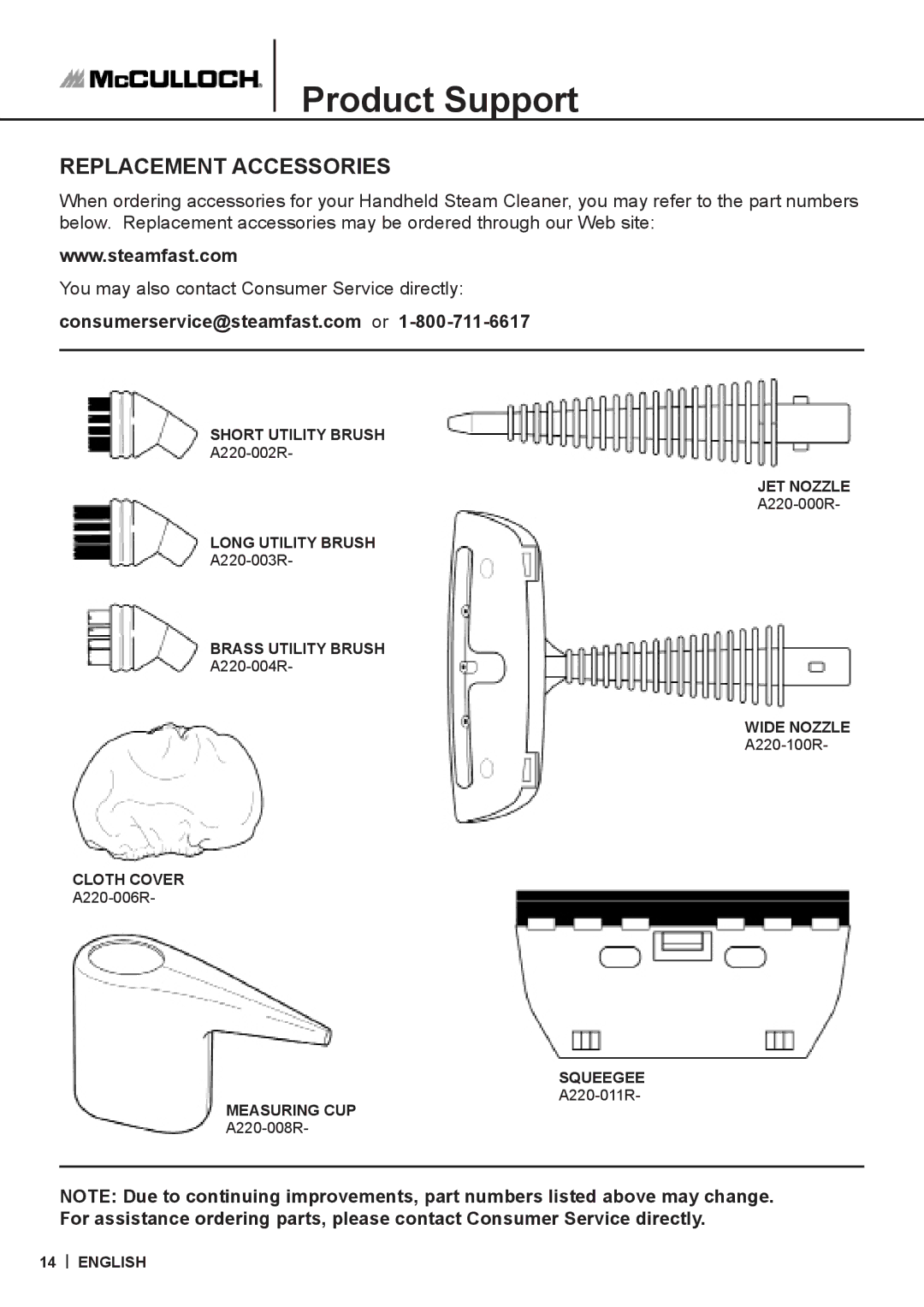 McCulloch MC1226 warranty Replacement Accessories 