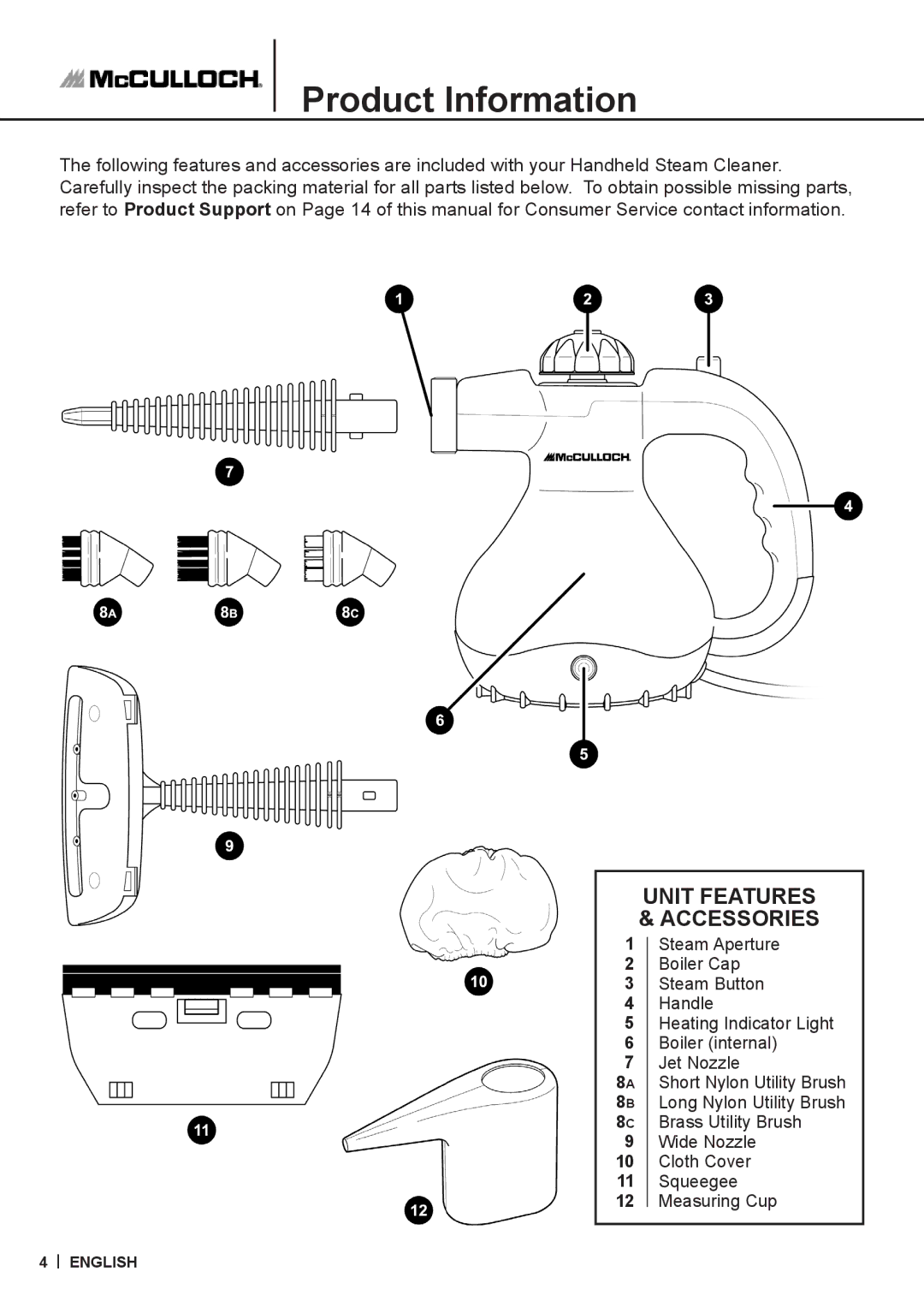 McCulloch MC1226 warranty Product Information, Unit Features & Accessories 