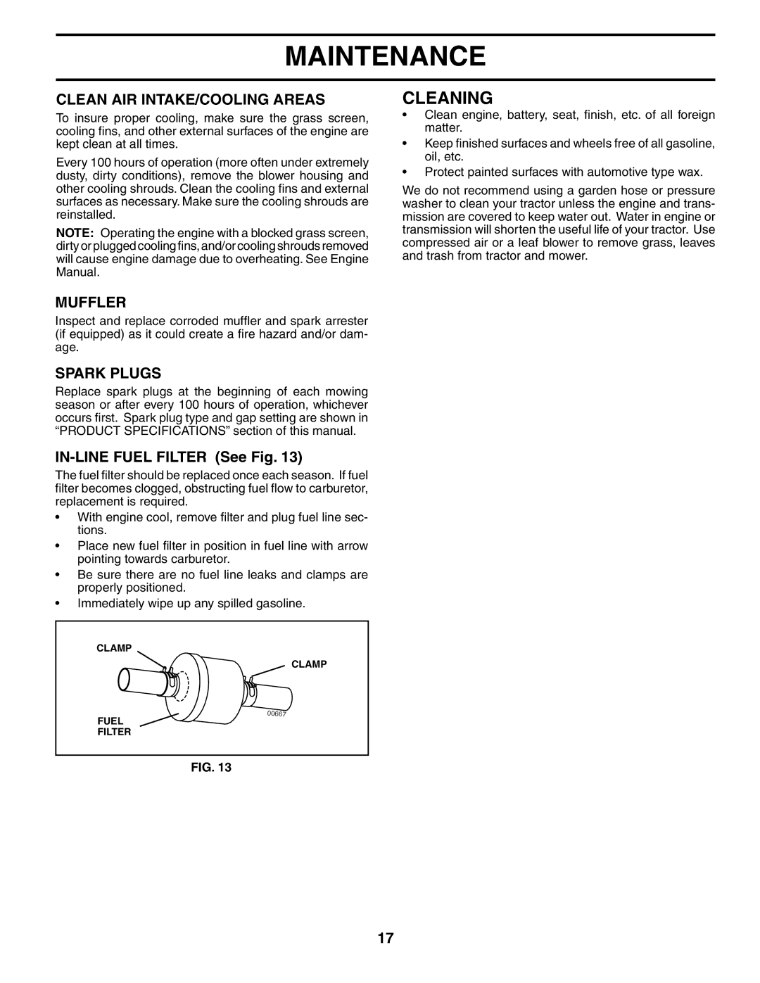 McCulloch MC1236STA manual Cleaning, Clean AIR INTAKE/COOLING Areas, Muffler, Spark Plugs, IN-LINE Fuel Filter See Fig 