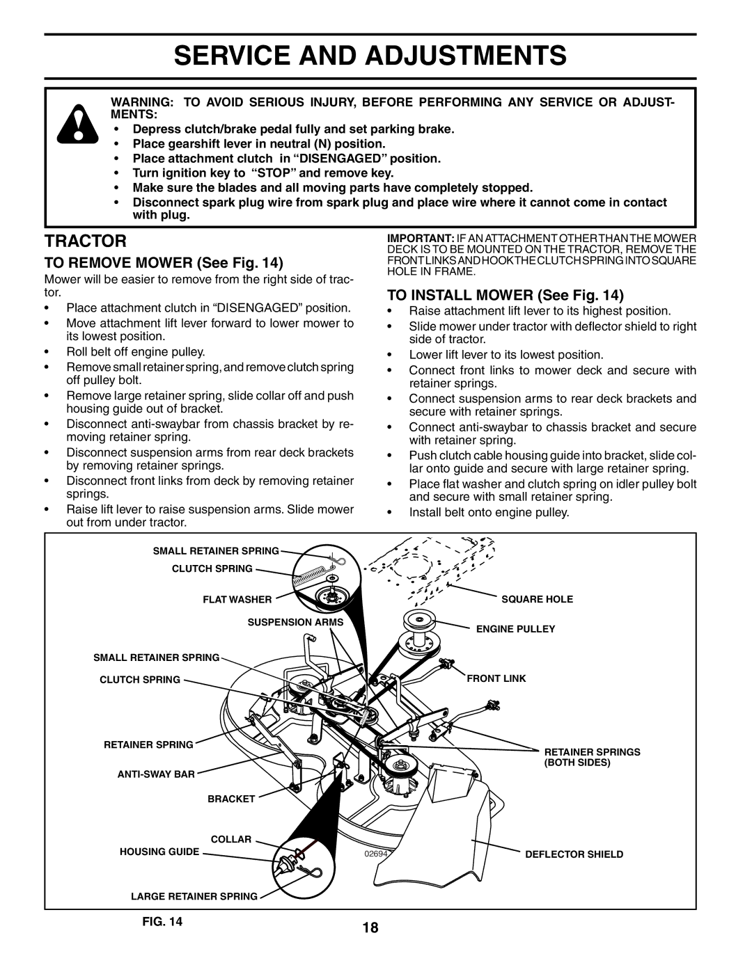 McCulloch MC1236STA manual Service and Adjustments, To Remove Mower See Fig, To Install Mower See Fig 