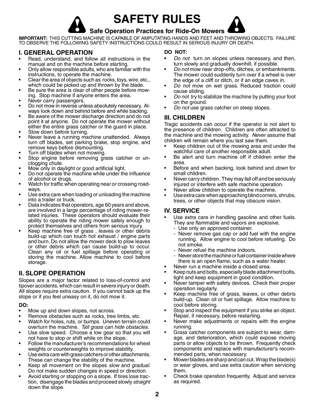 McCulloch MC1236STA manual Safety Rules, General Operation, II. Slope Operation, III. Children, IV. Service 