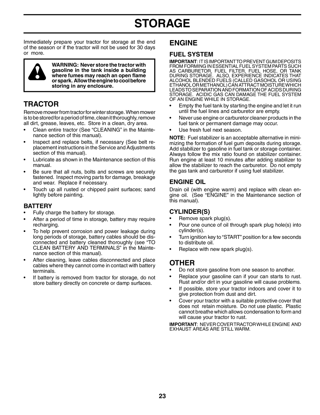 McCulloch MC1236STA manual Storage, Other, Fuel System, Engine OIL, Cylinders 