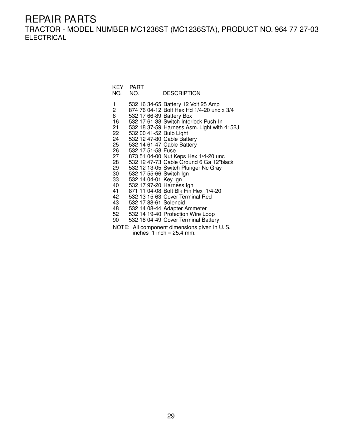 McCulloch MC1236STA manual KEY Part NO. NO. Description 