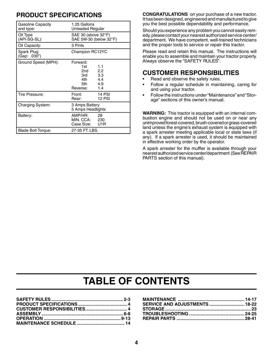 McCulloch MC1236STA manual Table of Contents 