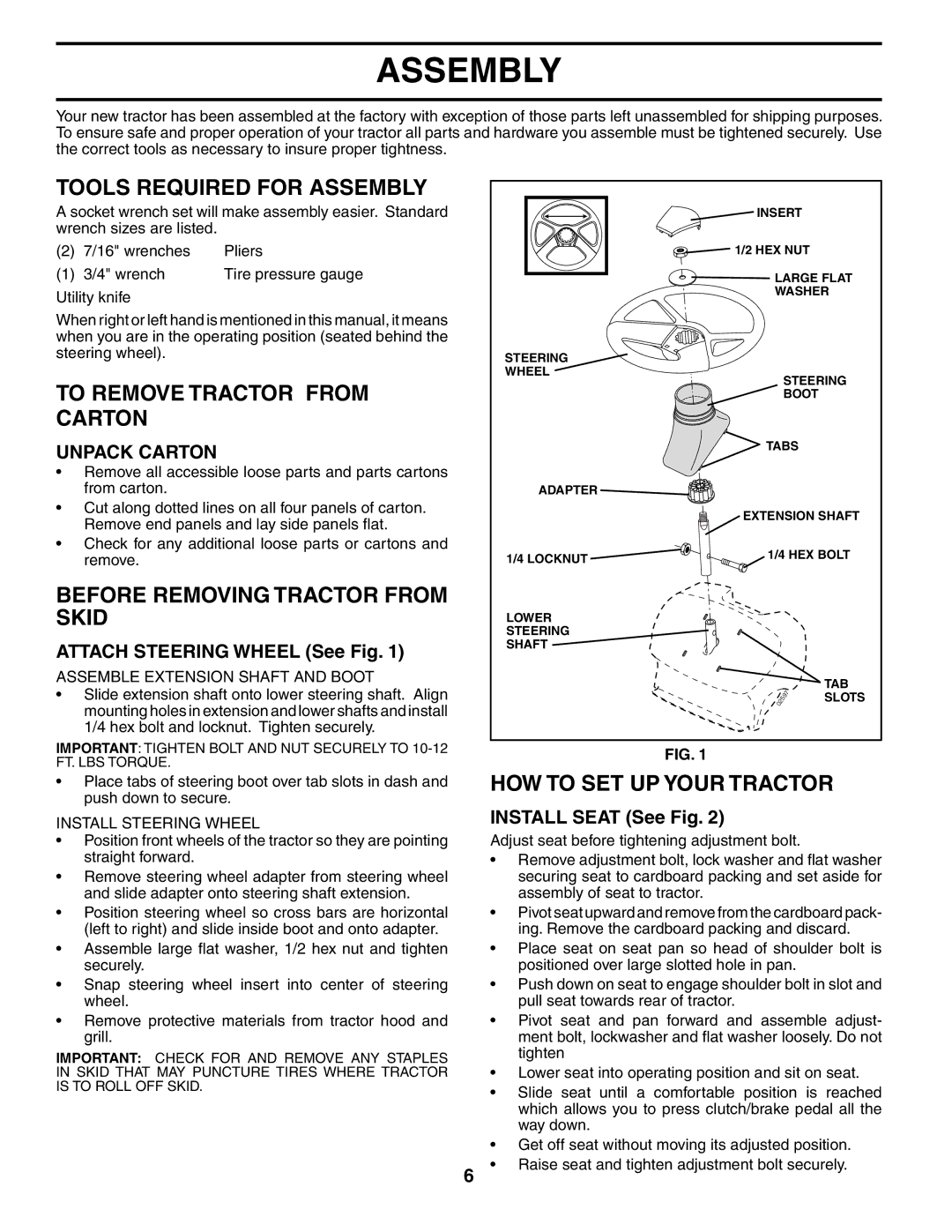 McCulloch MC1236STA Tools Required for Assembly, To Remove Tractor from Carton, Before Removing Tractor from Skid 