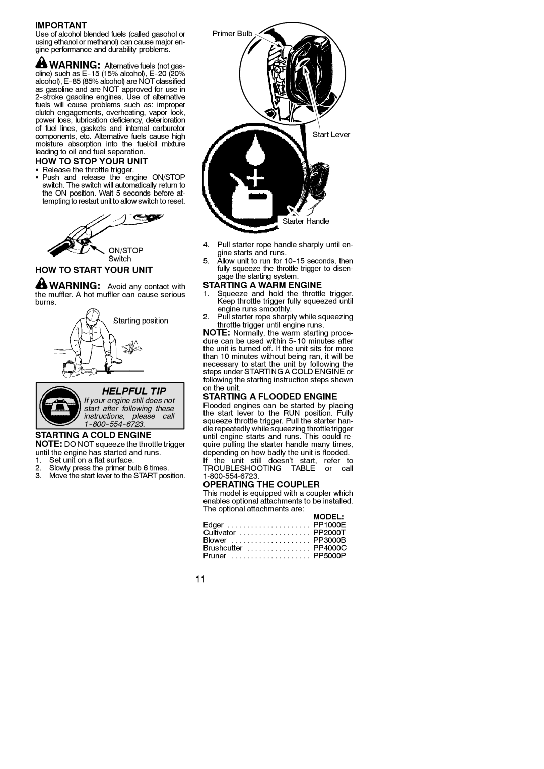 McCulloch 115376827, MC125 HOW to Stop Your Unit, HOW to Start Your Unit, Starting a Cold Engine, Starting a Warm Engine 