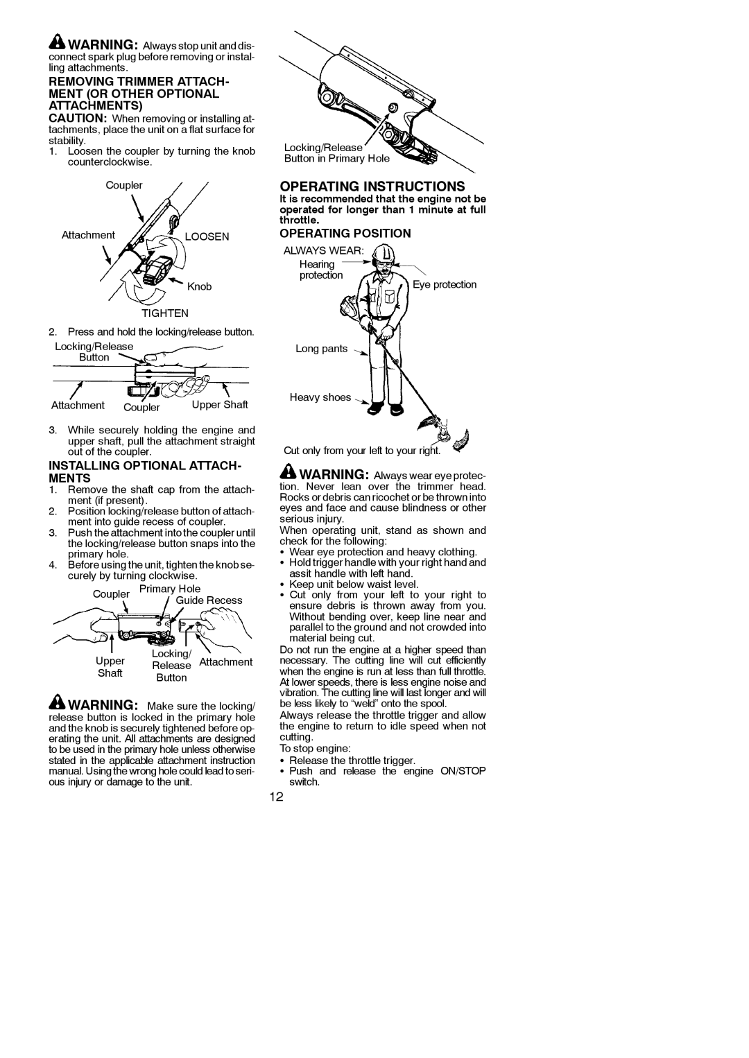 McCulloch MC125, 966625001, 115376827 Removing Trimmer ATTACH- Ment or Other Optional Attachments, Operating Position 