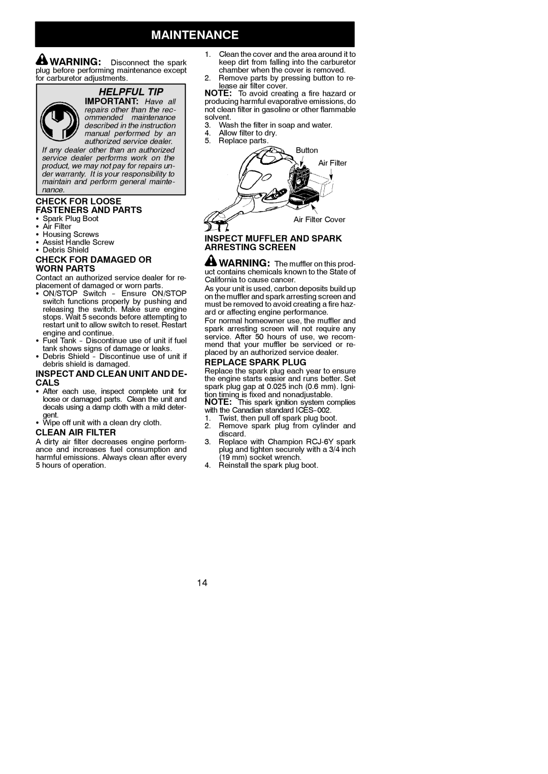 McCulloch 115376827, MC125, 966625001 instruction manual Maintenance 