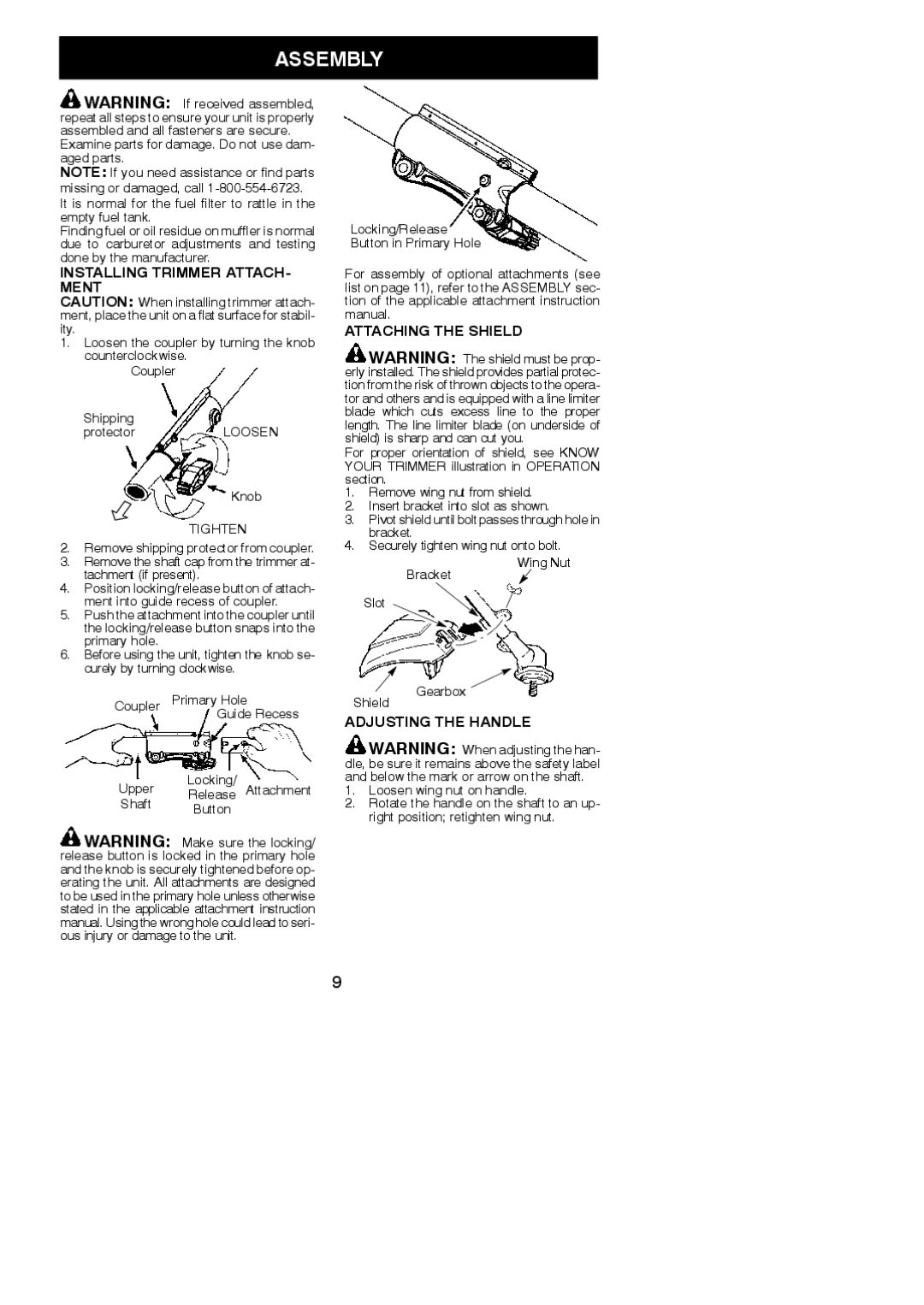 McCulloch MC125, 966625001, 115376827 Assembly, Installing Trimmer ATTACH- Ment, Attaching the Shield, Adjusting the Handle 