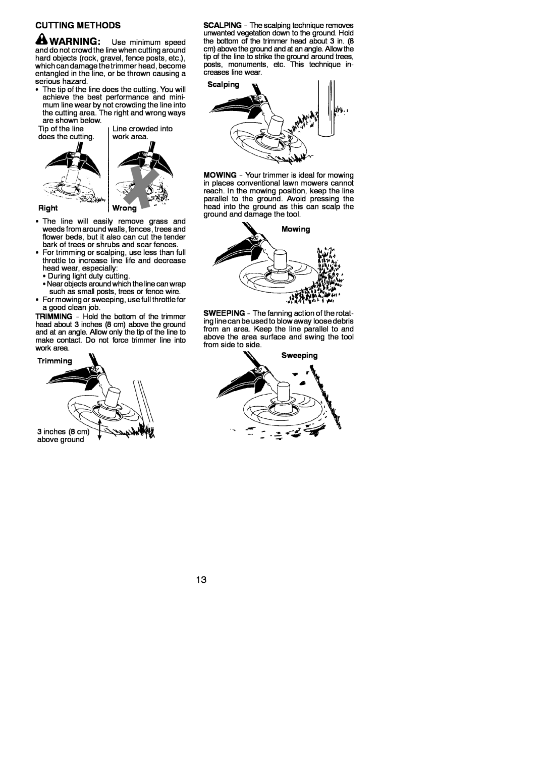 McCulloch 966625001, MC125, 115376827 instruction manual Cutting Methods, Scalping, RightWrong, Trimming, Mowing, Sweeping 