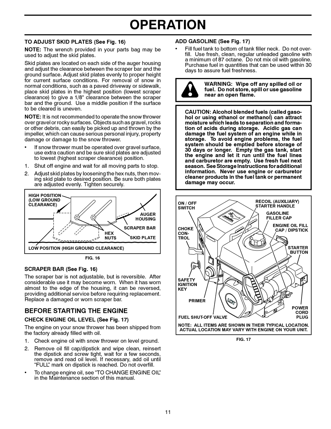 McCulloch MC12527ES Before Starting the Engine, To Adjust Skid Plates See Fig, Scraper BAR See Fig, ADD Gasoline See Fig 