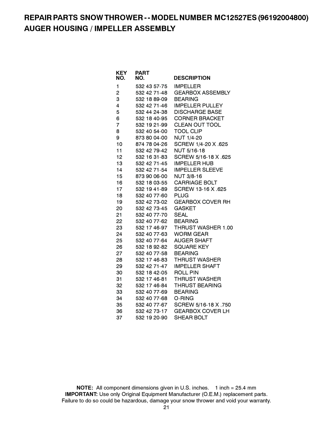 McCulloch MC12527ES owner manual KEY Part Description 