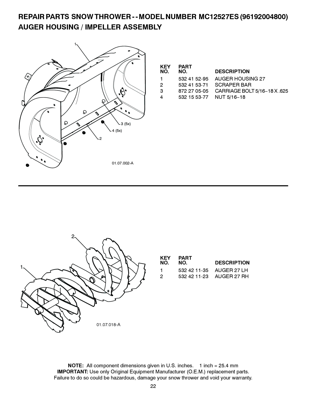 McCulloch MC12527ES owner manual Scraper BAR, Auger 27 LH, Auger 27 RH 