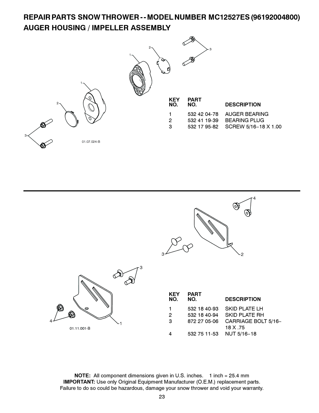 McCulloch MC12527ES owner manual Carriage Bolt 5/16 