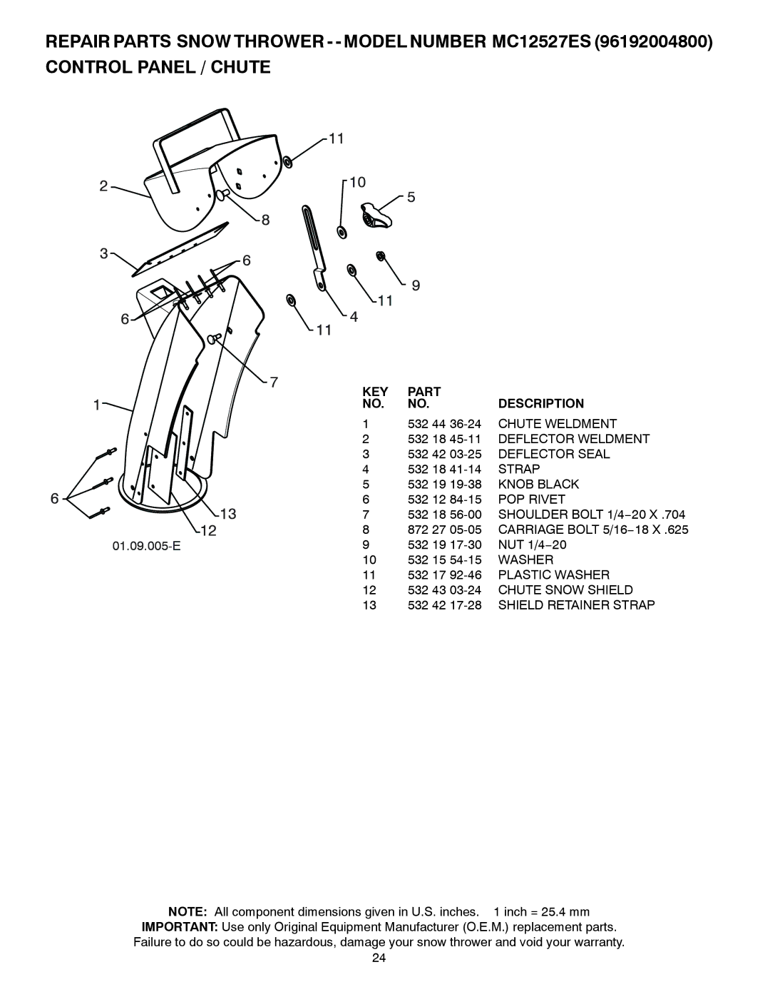 McCulloch MC12527ES owner manual 532 18 45-11 Deflector Weldment, Strap, Knob Black, POP Rivet, Washer 