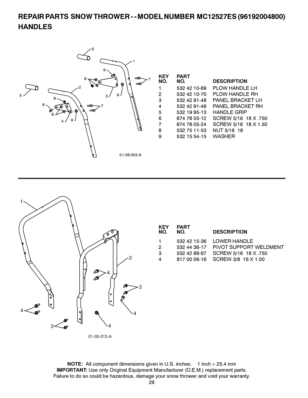 McCulloch owner manual Repair Parts Snow Thrower - Model Number MC12527ES Handles, 532 44 36-17 Pivot Support Weldment 