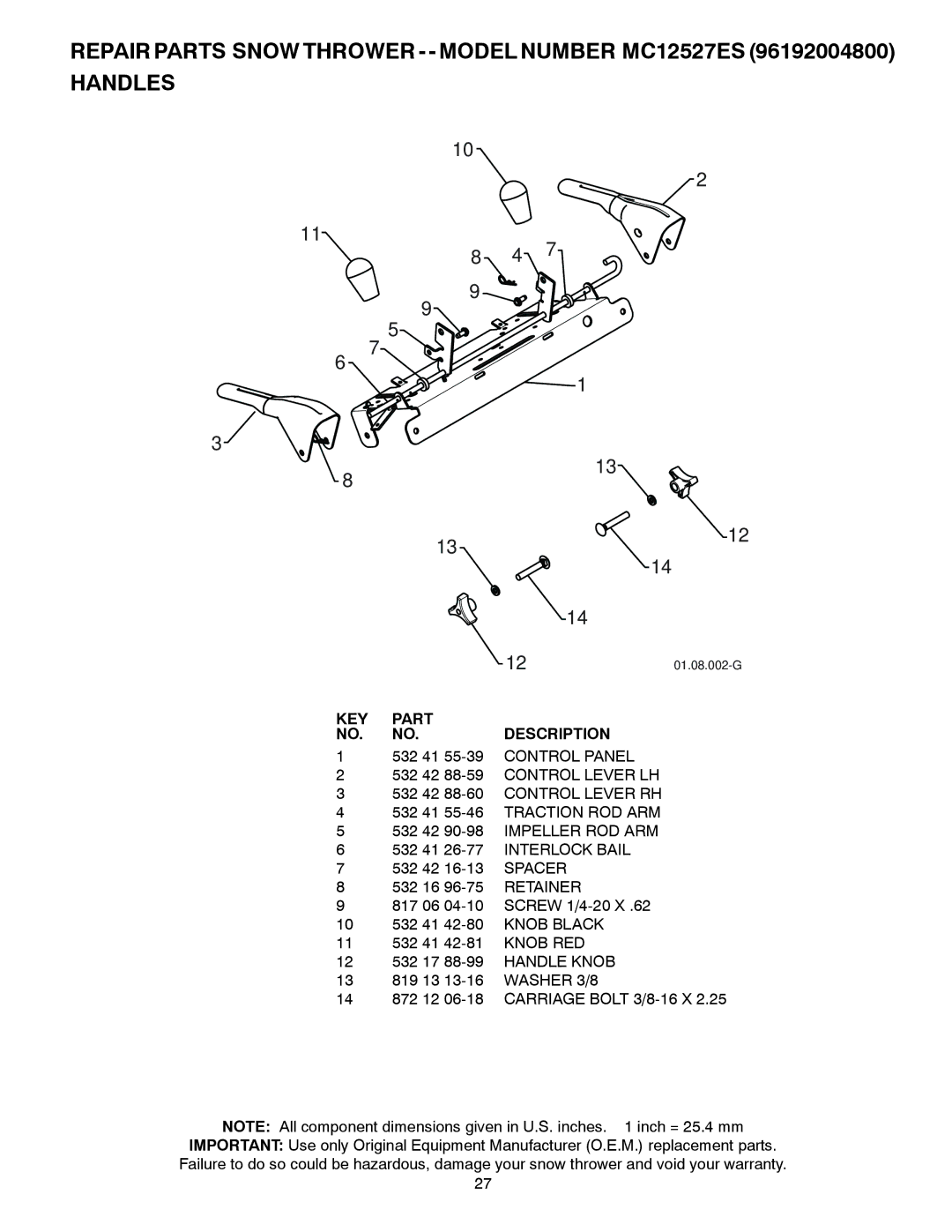 McCulloch MC12527ES owner manual Spacer, Retainer, Knob RED, Handle Knob, Washer 3/8 
