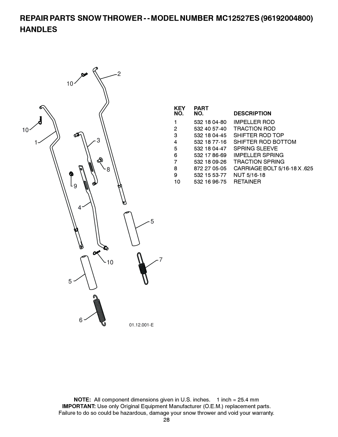 McCulloch MC12527ES Impeller ROD, Traction ROD, Shifter ROD TOP, 532 18 77-16 Shifter ROD Bottom, Spring Sleeve 