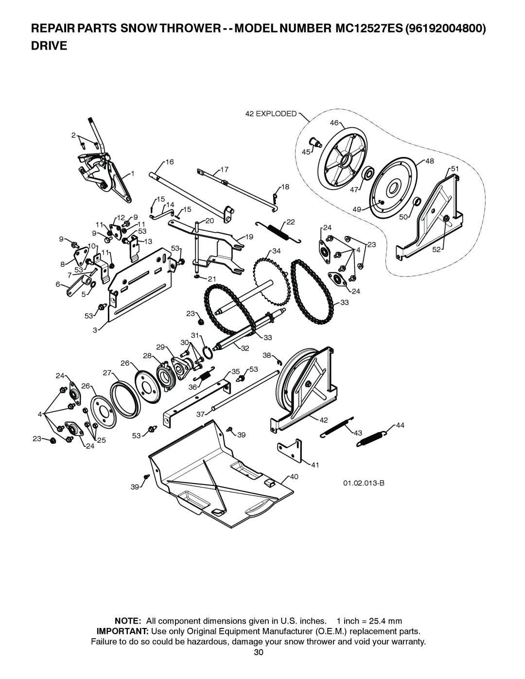 McCulloch owner manual Repair Parts Snow Thrower - Model Number MC12527ES Drive 