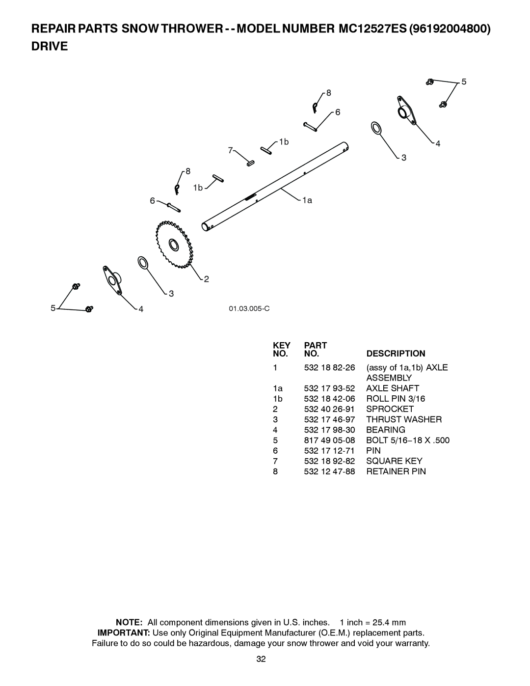 McCulloch MC12527ES owner manual Assembly, Axle Shaft, Roll PIN 3/16, Sprocket, Pin, Retainer PIN 