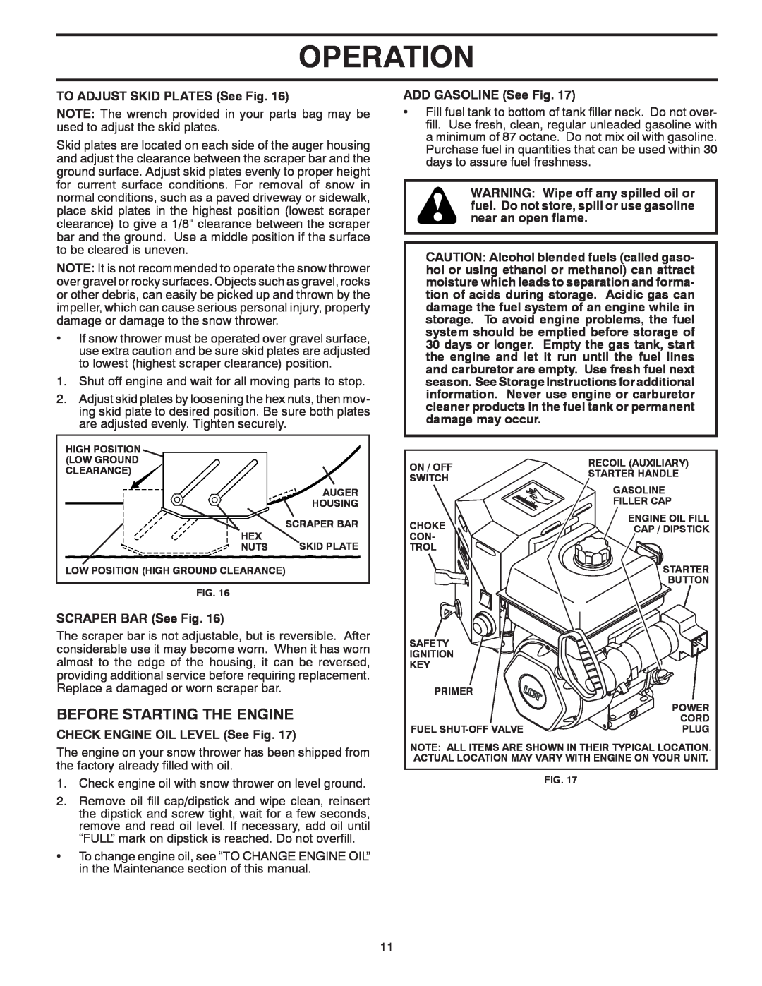 McCulloch MC12527ES owner manual Before Starting The Engine, Operation, TO ADJUST SKID PLATES See Fig, SCRAPER BAR See Fig 
