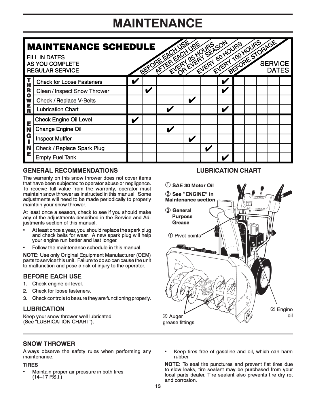 McCulloch MC12527ES Maintenance, General Recommendations, Before Each Use, Snow Thrower, Lubrication Chart, Tires 