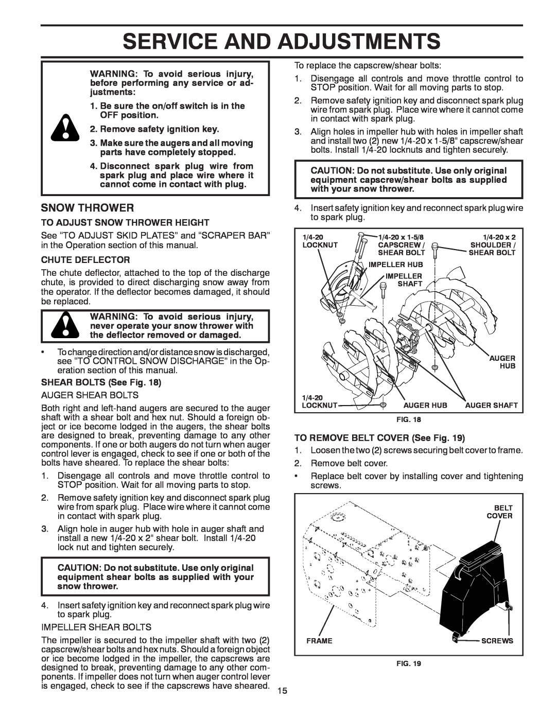McCulloch MC12527ES owner manual Service And Adjustments, Remove safety ignition key, To Adjust Snow Thrower Height 