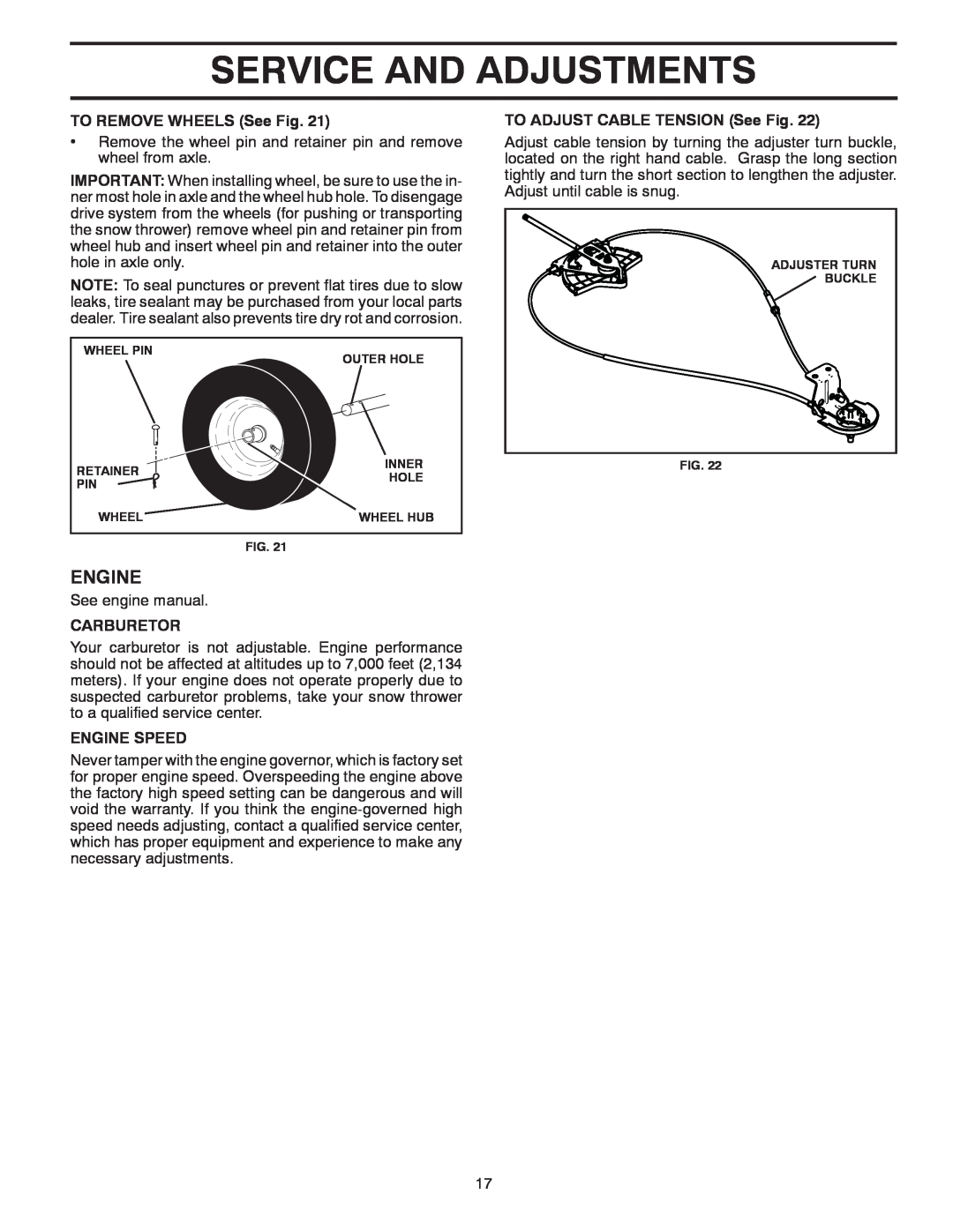 McCulloch MC12527ES owner manual Service And Adjustments, TO REMOVE WHEELS See Fig, Carburetor, Engine Speed 